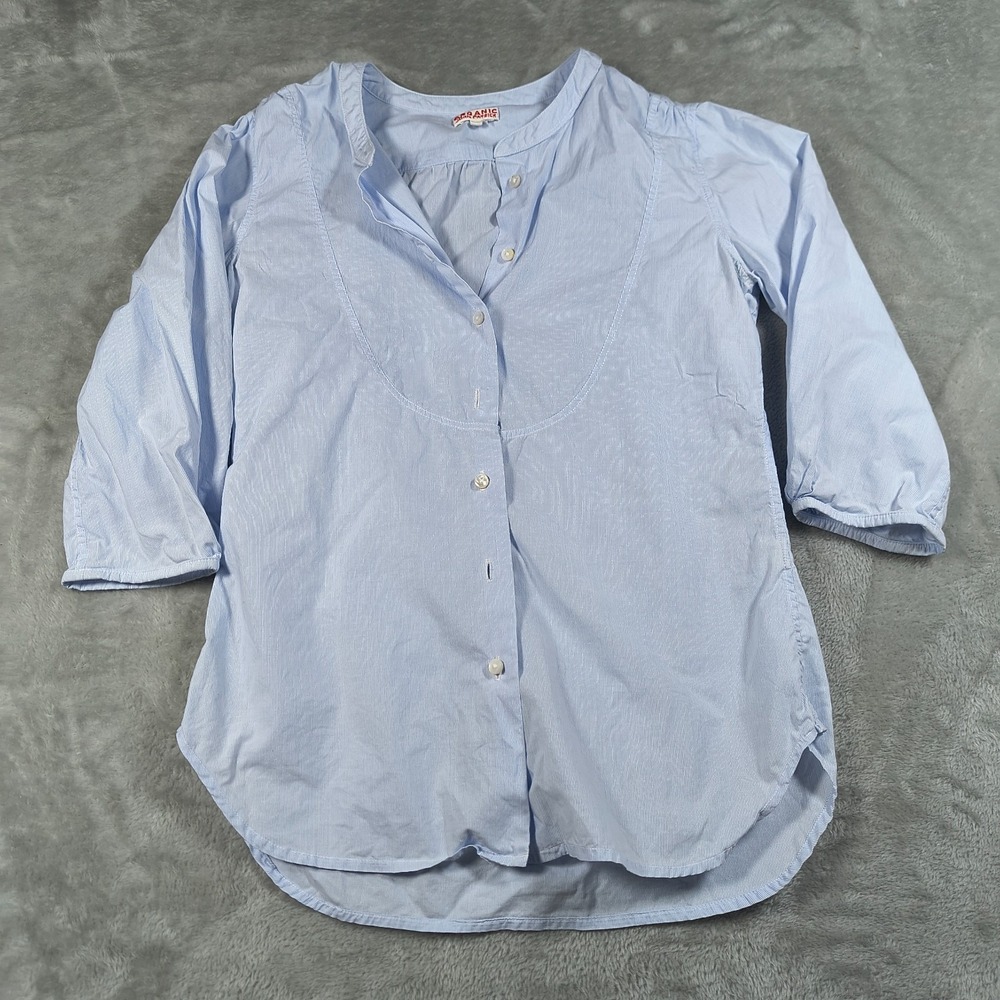Organic John Patrick Shirt Womens Small Blue Button Up Blouse Striped 3/4 Sleeve